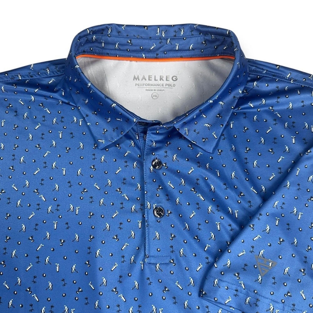 Maelreg Mens‎ Performance Polo Shirt Blue Golf All Over Print Short Sleeve 2XL
